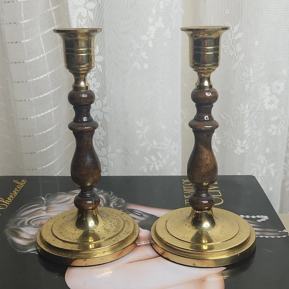 Vintage Collectable Brass & Wood Tapered Candlestick Holders Set of 2